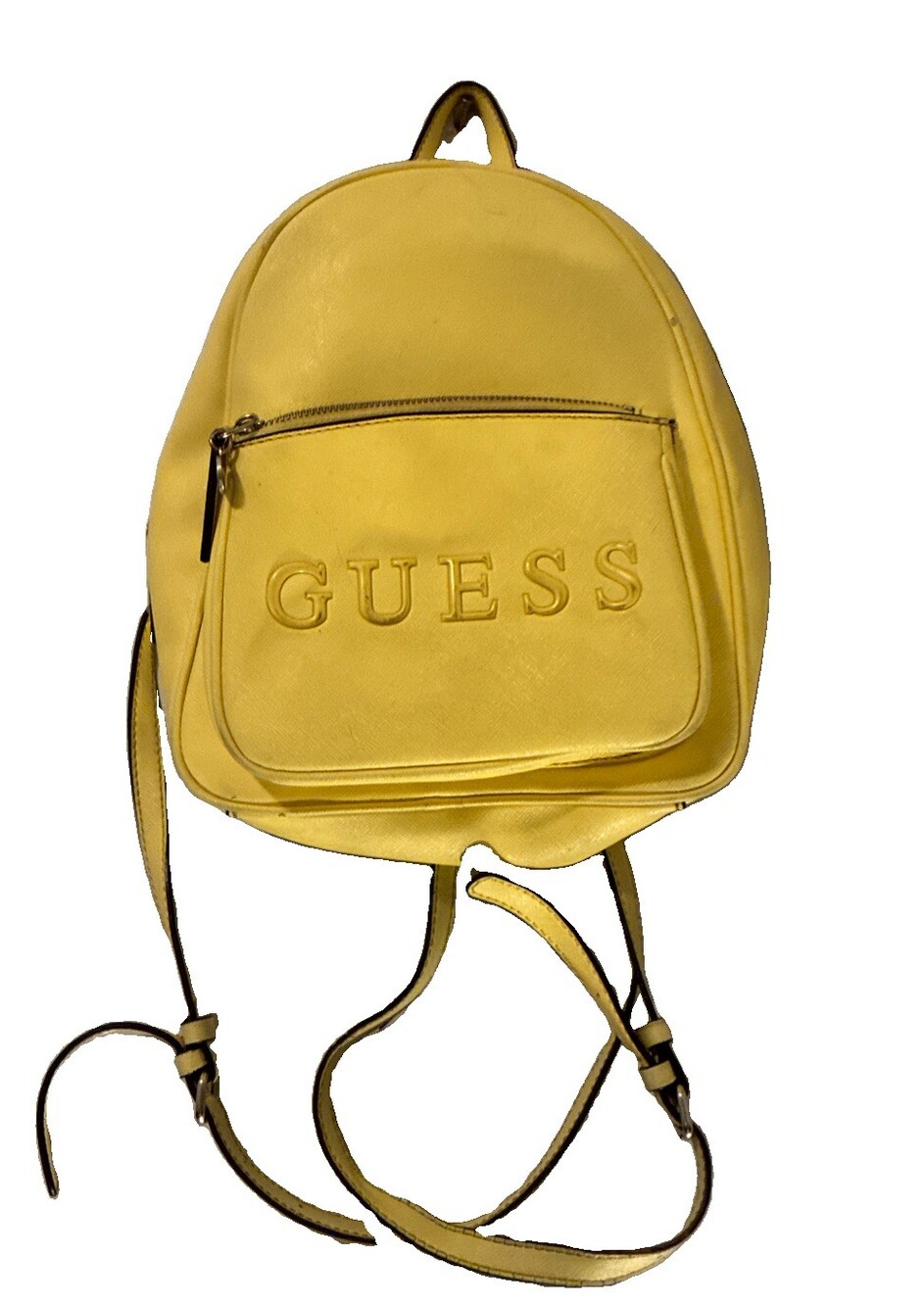GUESS Yellow Logo Mini Backpack Purse Zip Closure Front Zip Pocket Silver